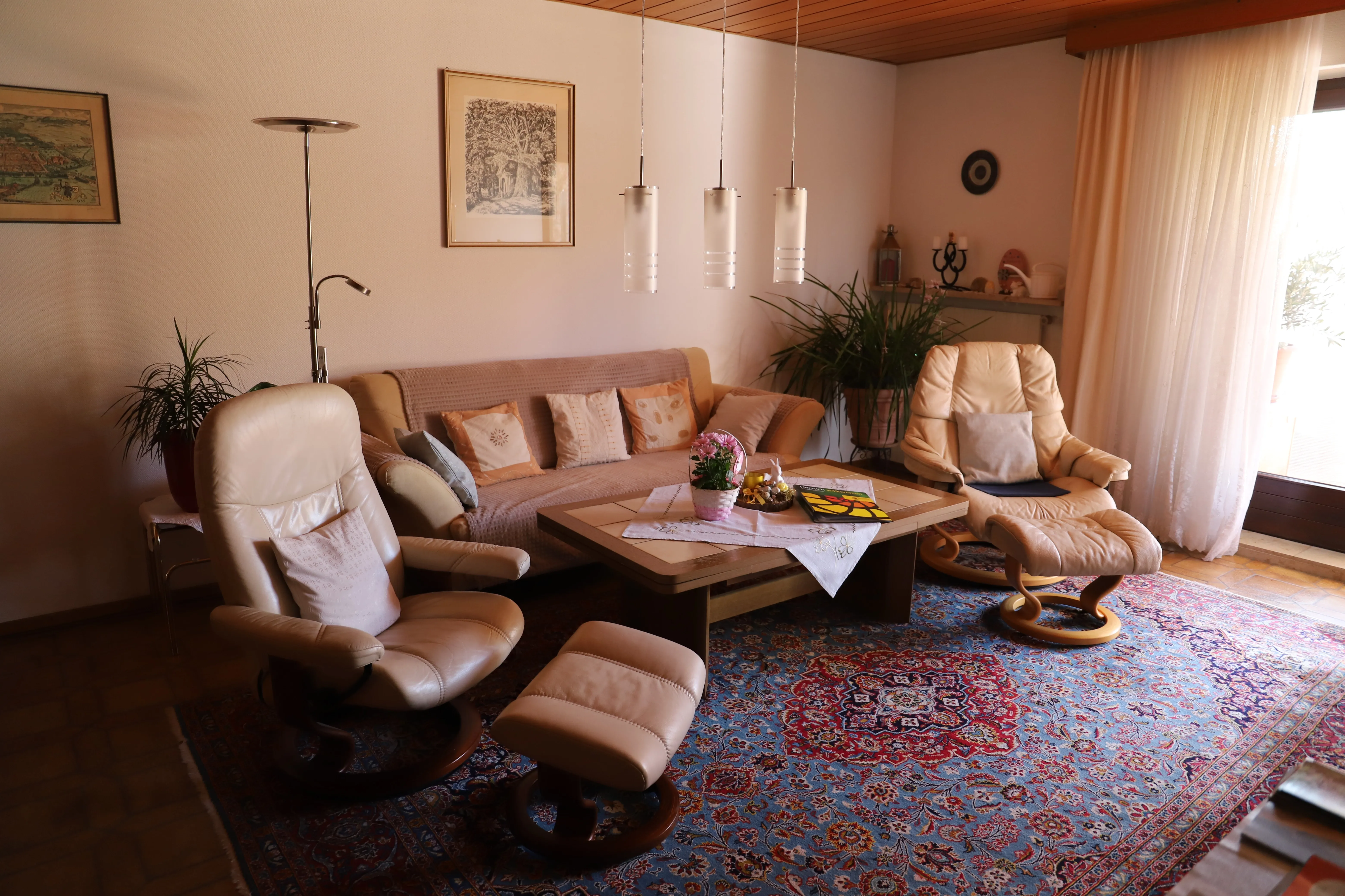 Wohnzimmer der Ferienwohnung mit Blick auf den Balkon und die Donau
